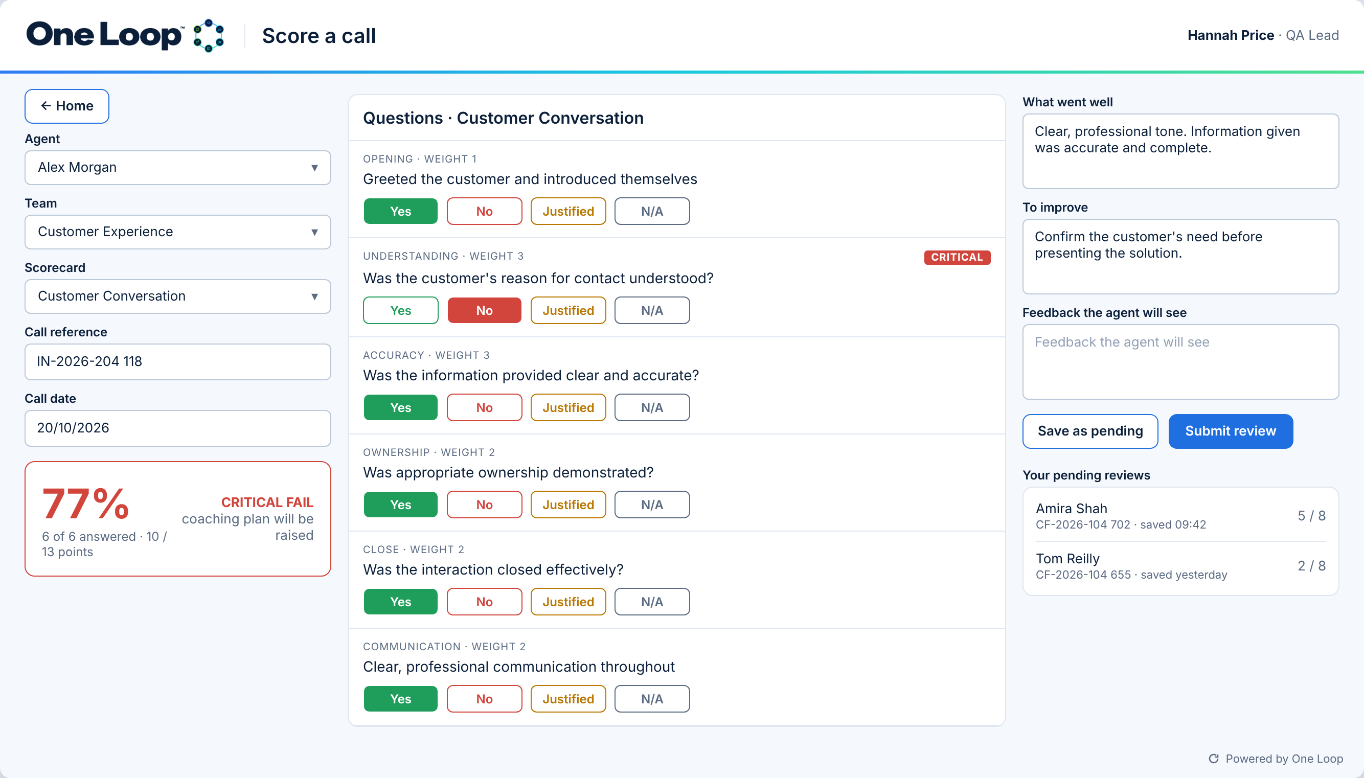 QA Hub scoring screen with weighted questions and a critical fail